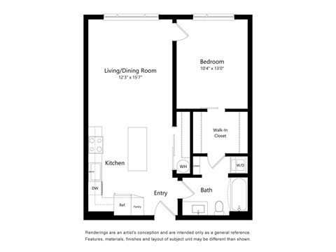 Floor plan for 1 bed, 1 bath, 740 sqft